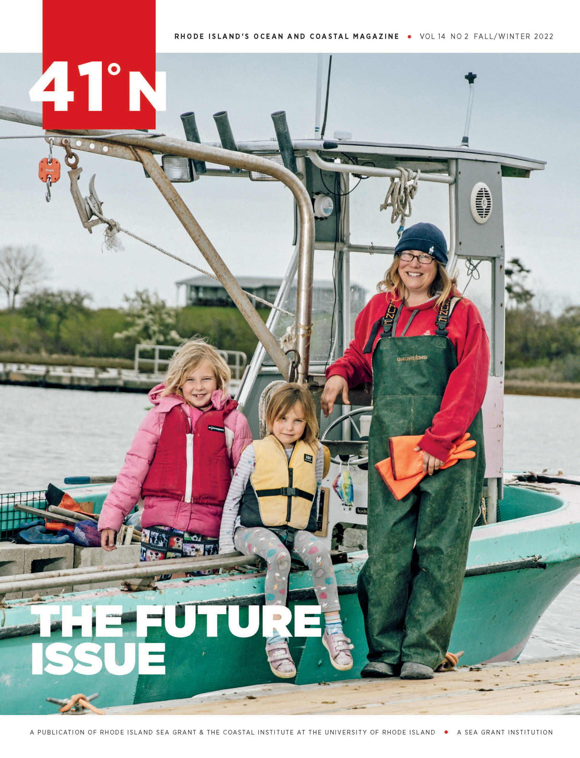 Cover shot kelp farmer on a boat with her young daughters.
